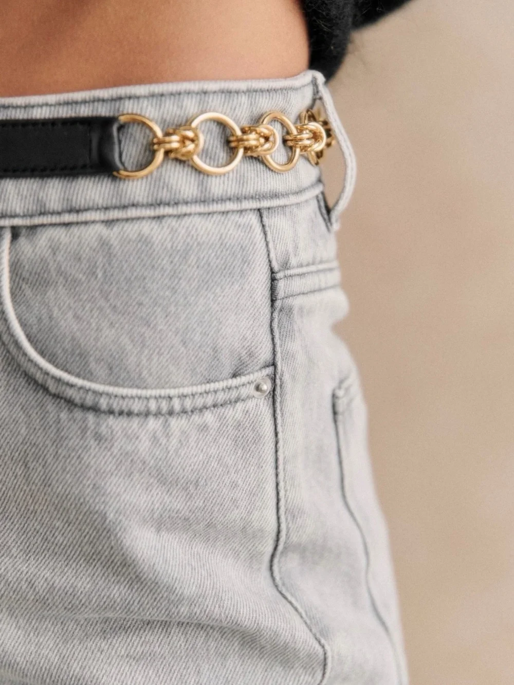 Sezane Capucine Belt - Black Leather and gold chain